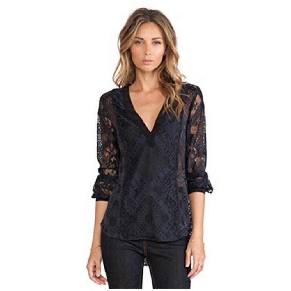 New Twelfth Street Cynthia Vincent Sheer VNeck Blouse Womens L Black Lace Top